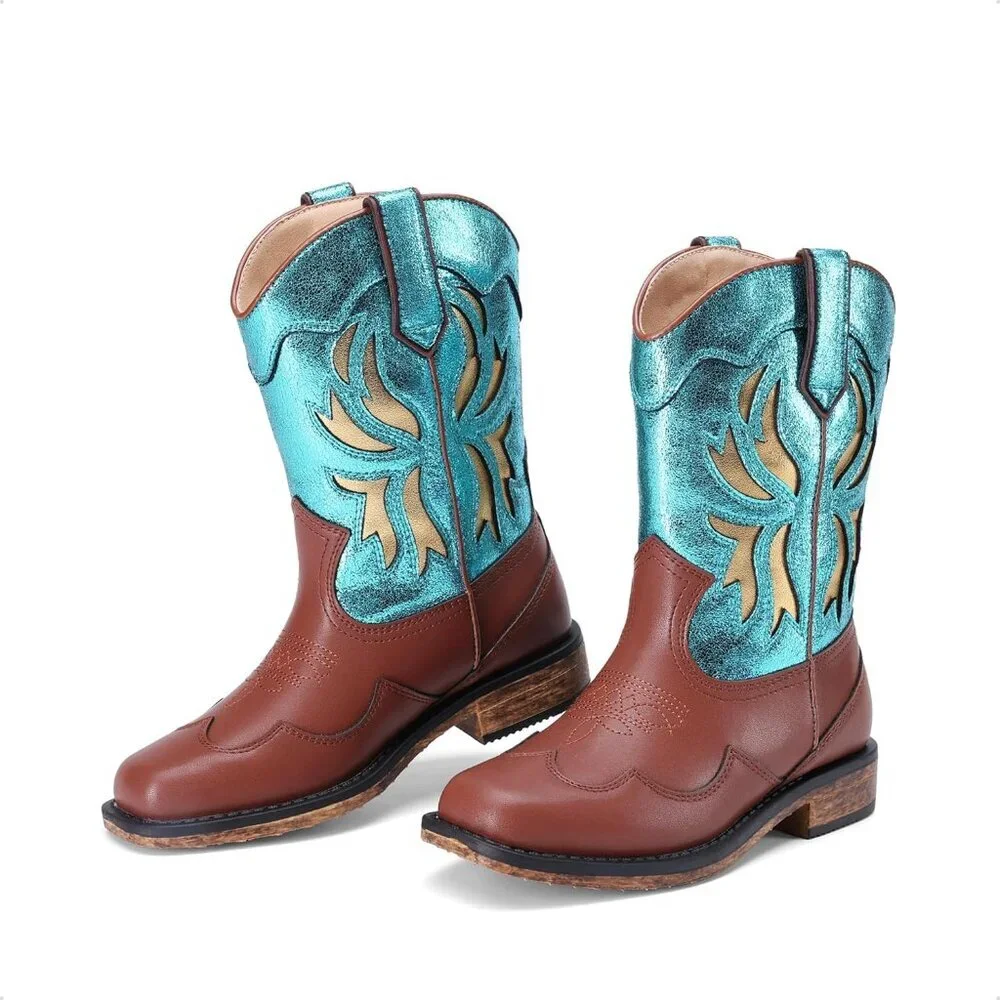 ⚡Girls Blue Square Toe Mid Calf Cowgirl Boots Western Fashion Riding Shoes